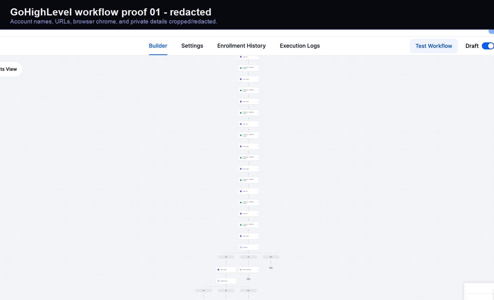 Redacted GoHighLevel qualification workflow screenshot 01