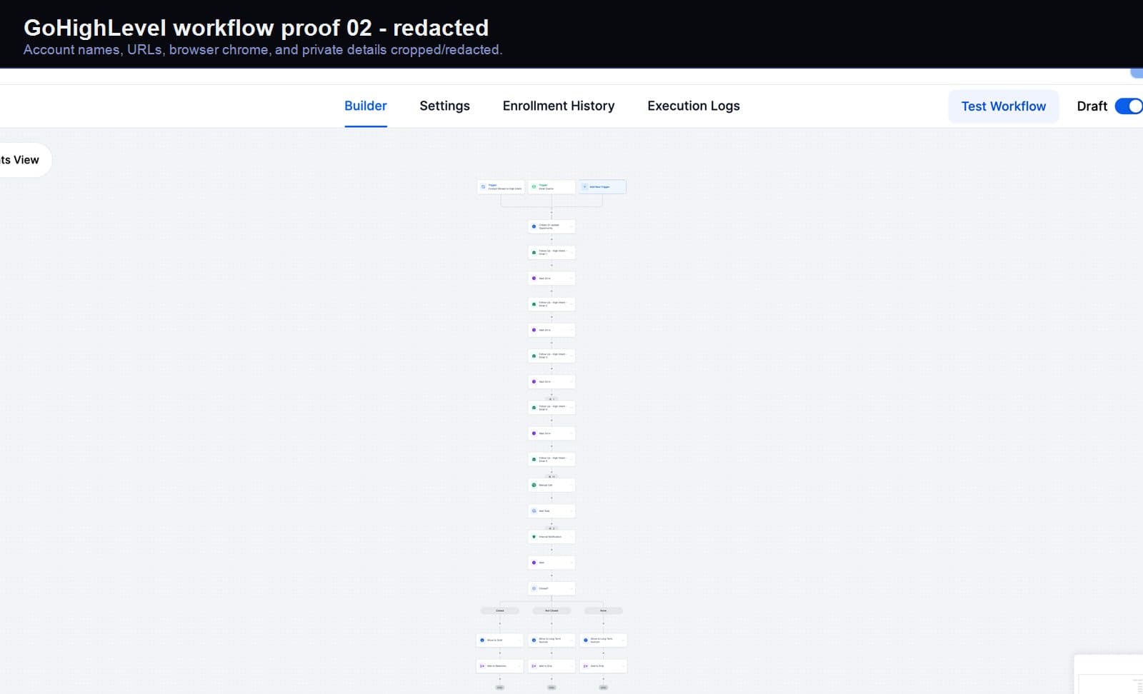 Redacted GoHighLevel qualification workflow screenshot 02