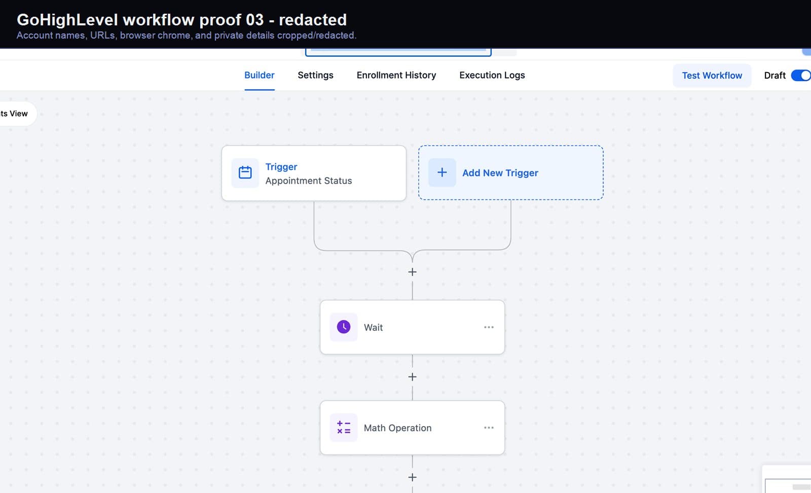 Redacted GoHighLevel appointment automation screenshot 03
