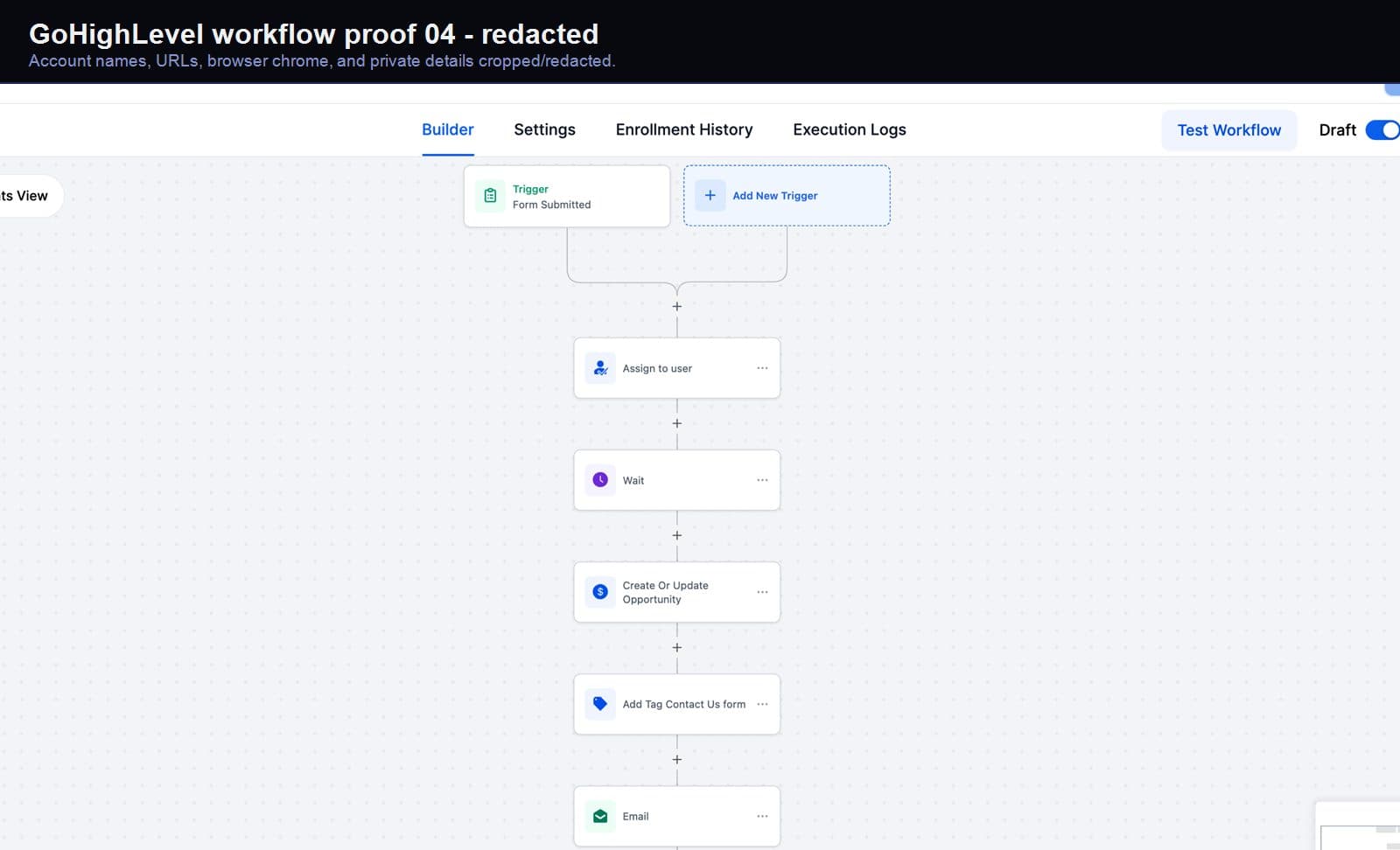 Redacted GoHighLevel lead-capture workflow screenshot 04