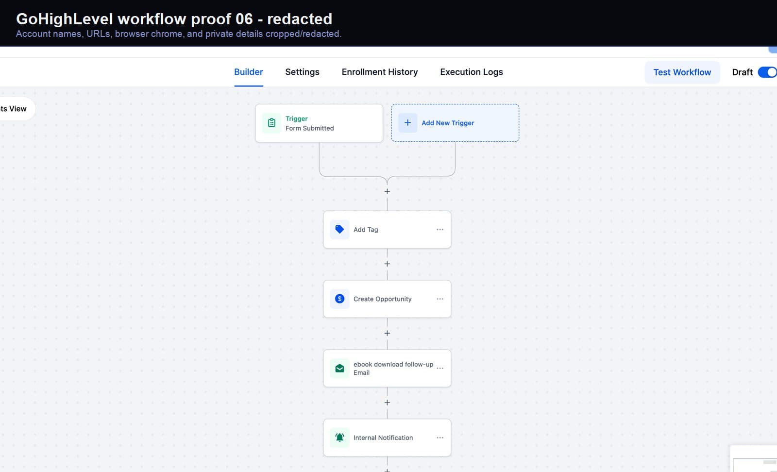 Redacted GoHighLevel appointment automation screenshot 06