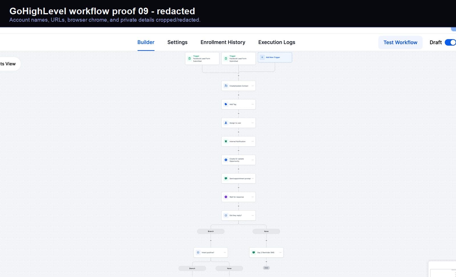 Redacted GoHighLevel appointment automation screenshot 09