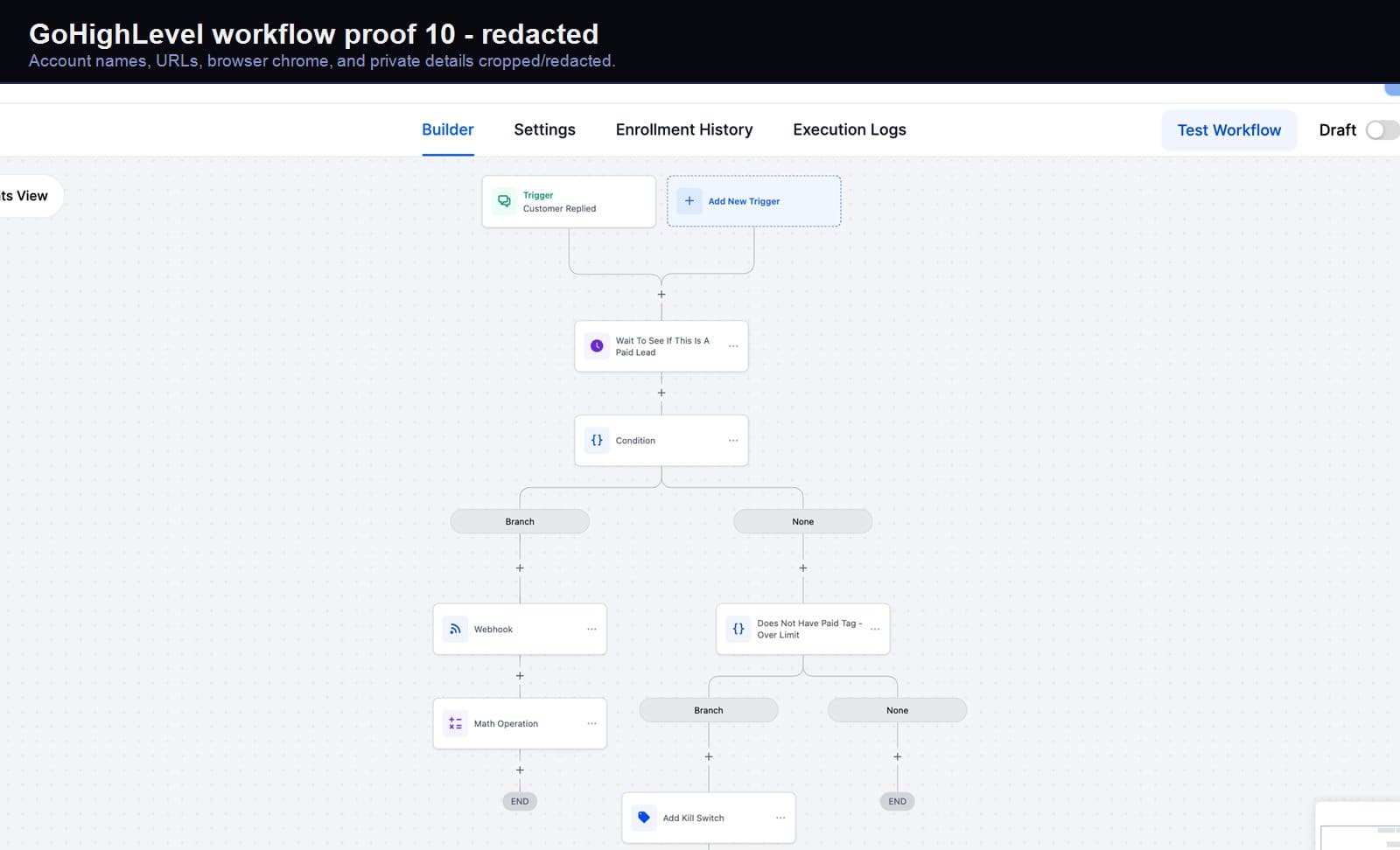 Redacted GoHighLevel workflow automation screenshot 10