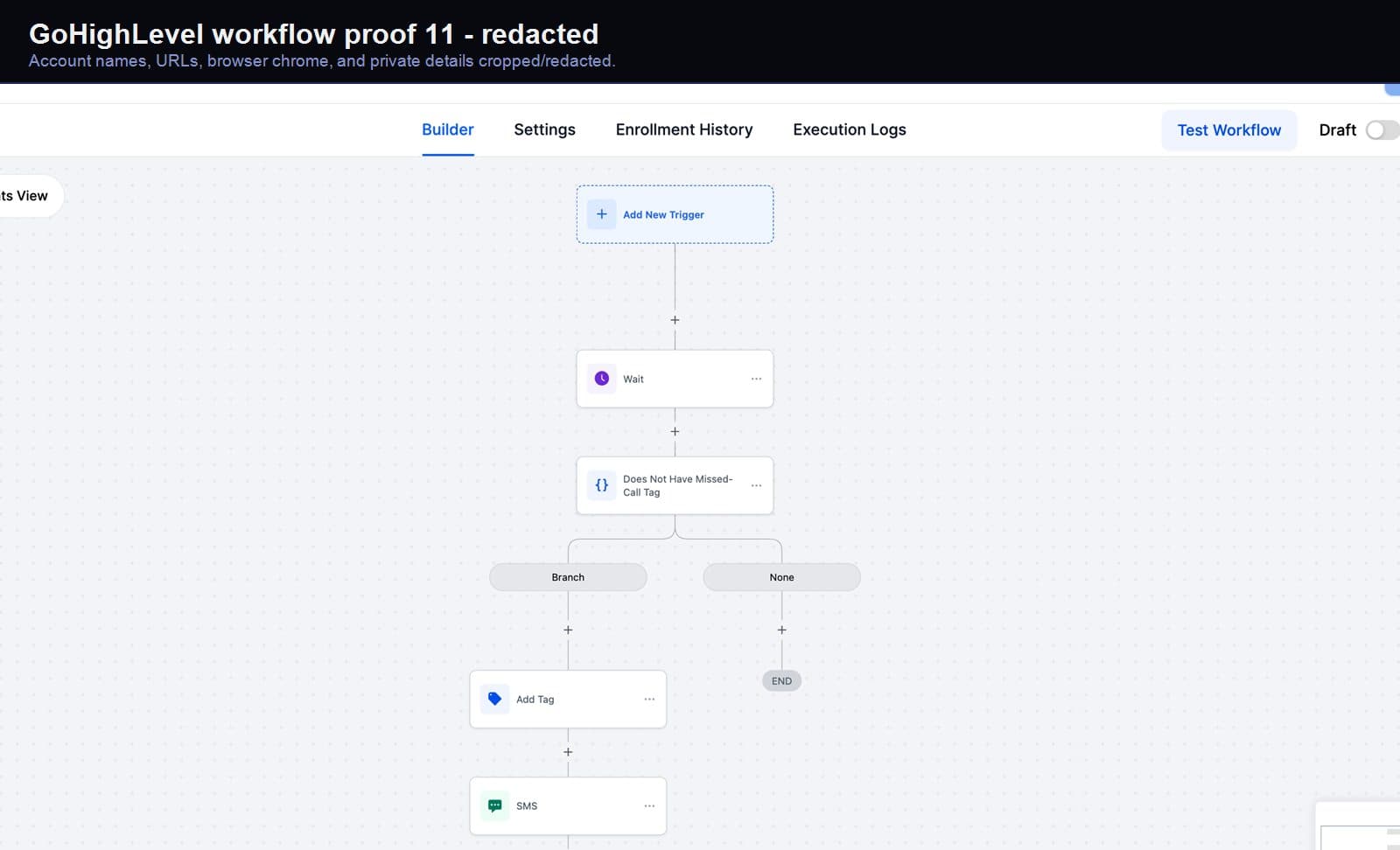 Redacted GoHighLevel lead-capture workflow screenshot 11
