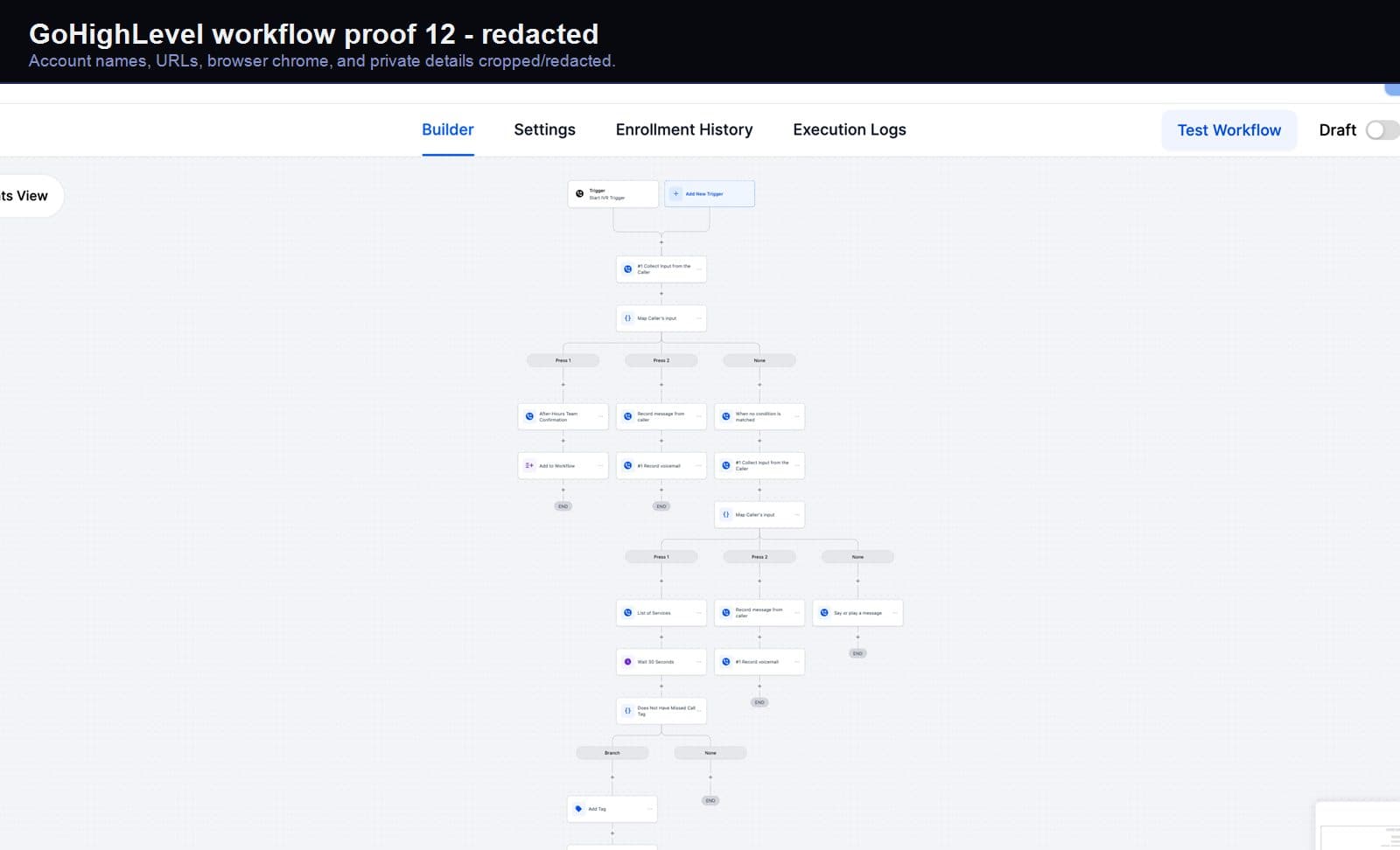Redacted GoHighLevel follow-up automation screenshot 12