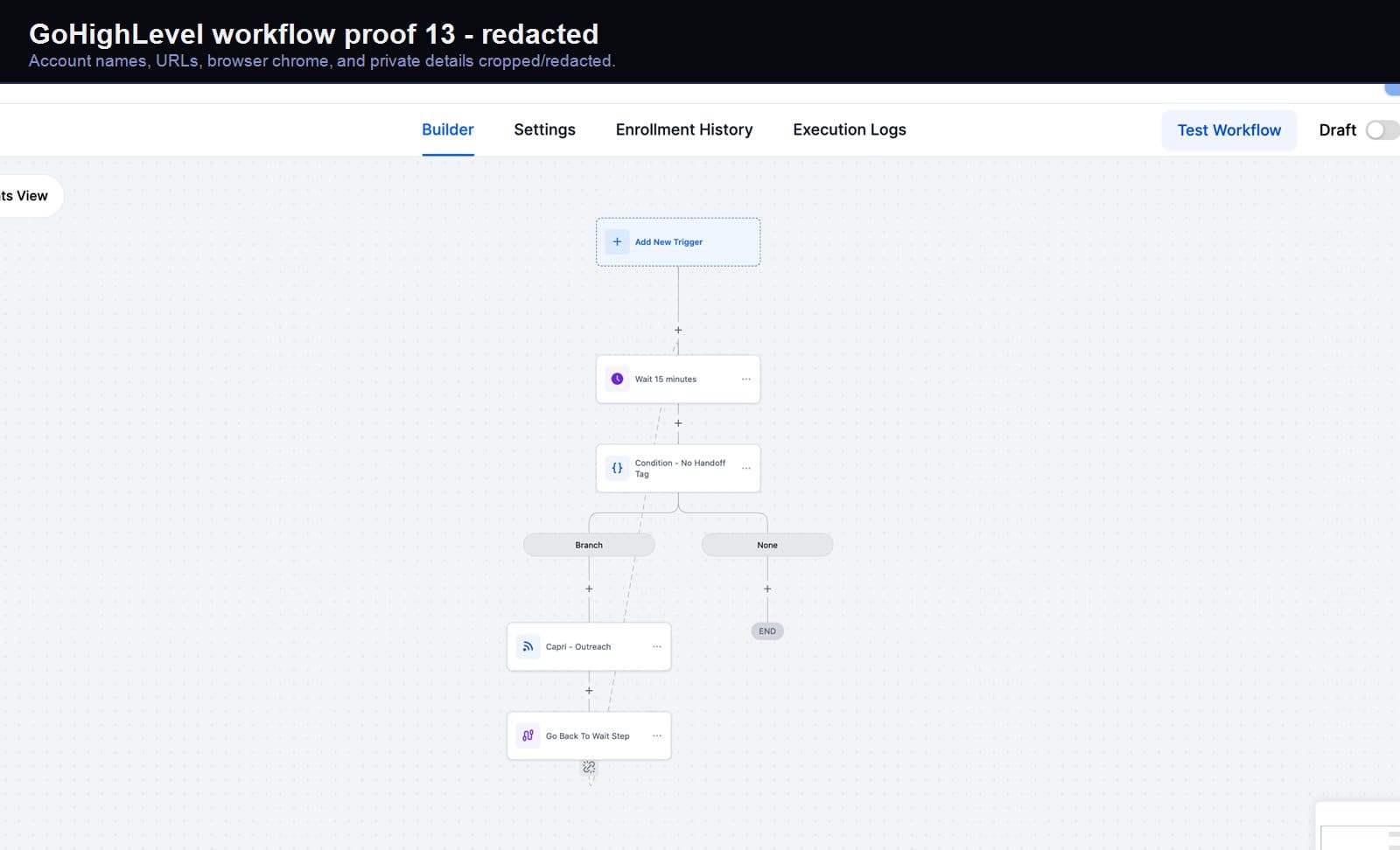 Redacted GoHighLevel lead-capture workflow screenshot 13