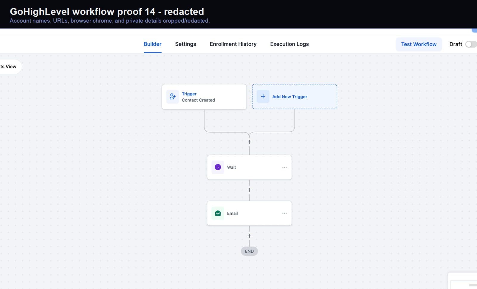 Redacted GoHighLevel lead-capture workflow screenshot 14