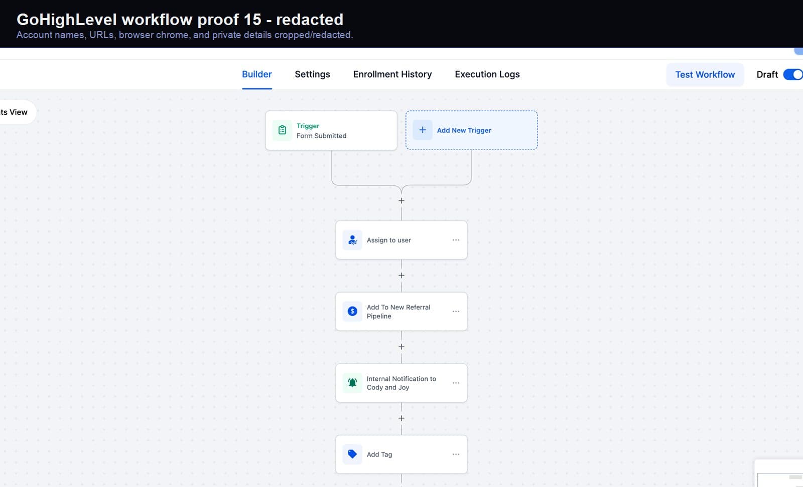 Redacted GoHighLevel appointment automation screenshot 15