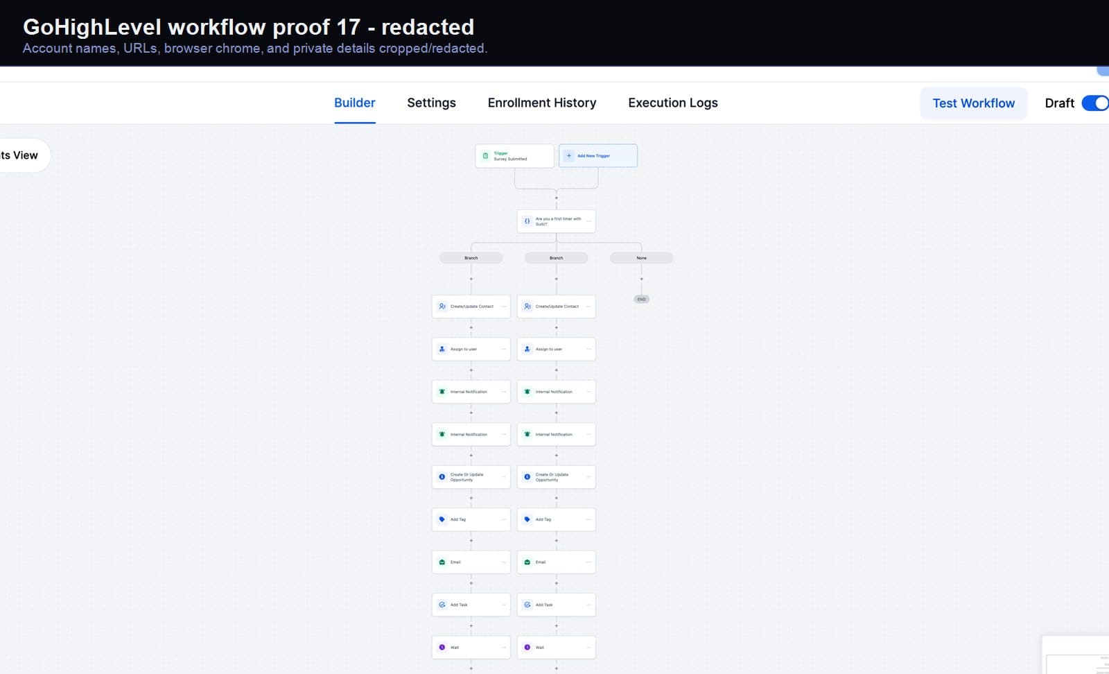 Redacted GoHighLevel workflow automation screenshot 17