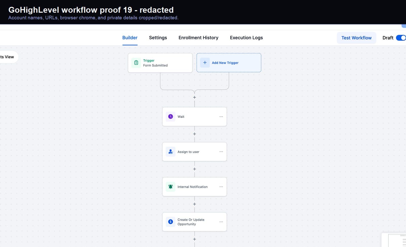 Redacted GoHighLevel integration workflow screenshot 19