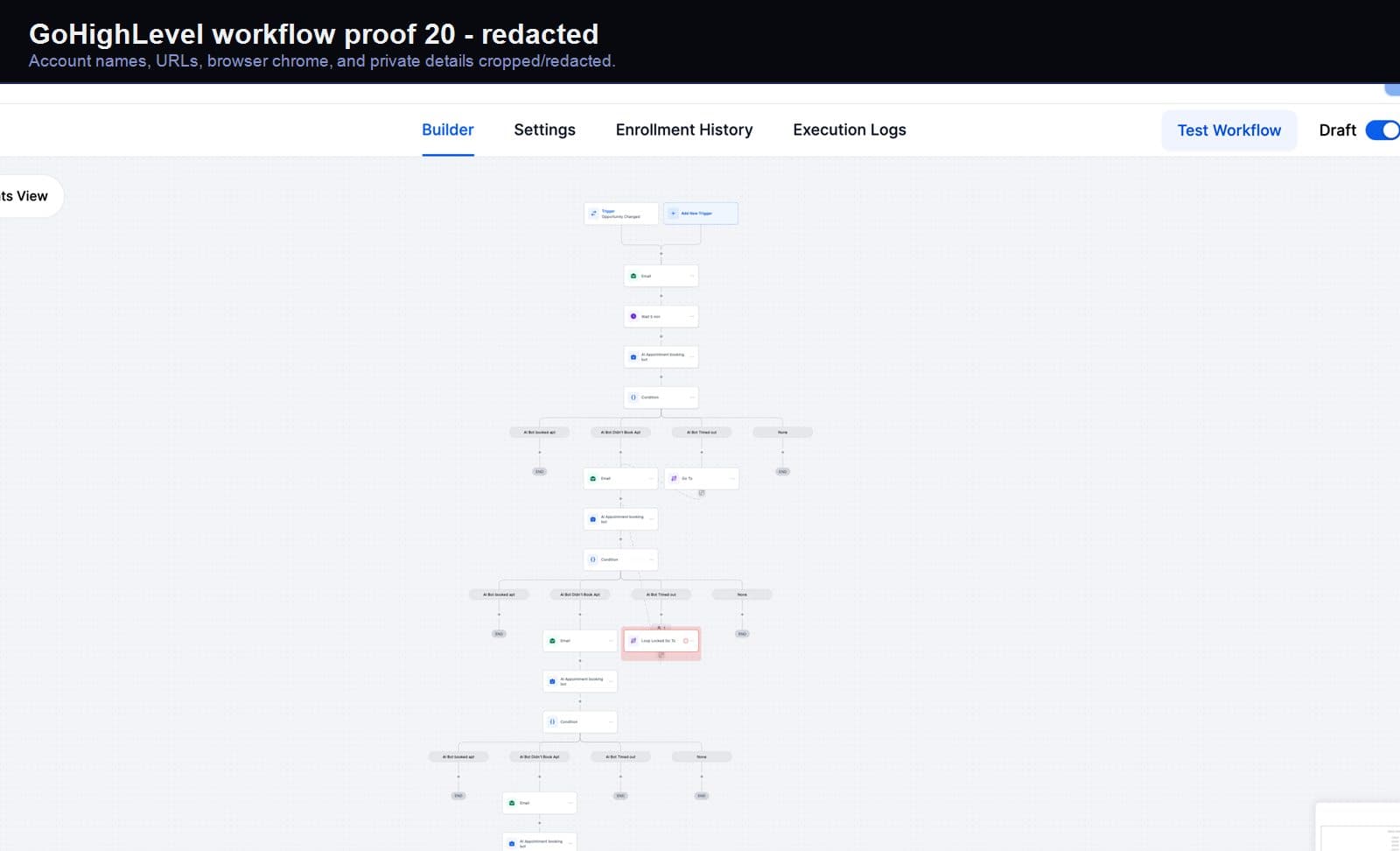 Redacted GoHighLevel workflow automation screenshot 20