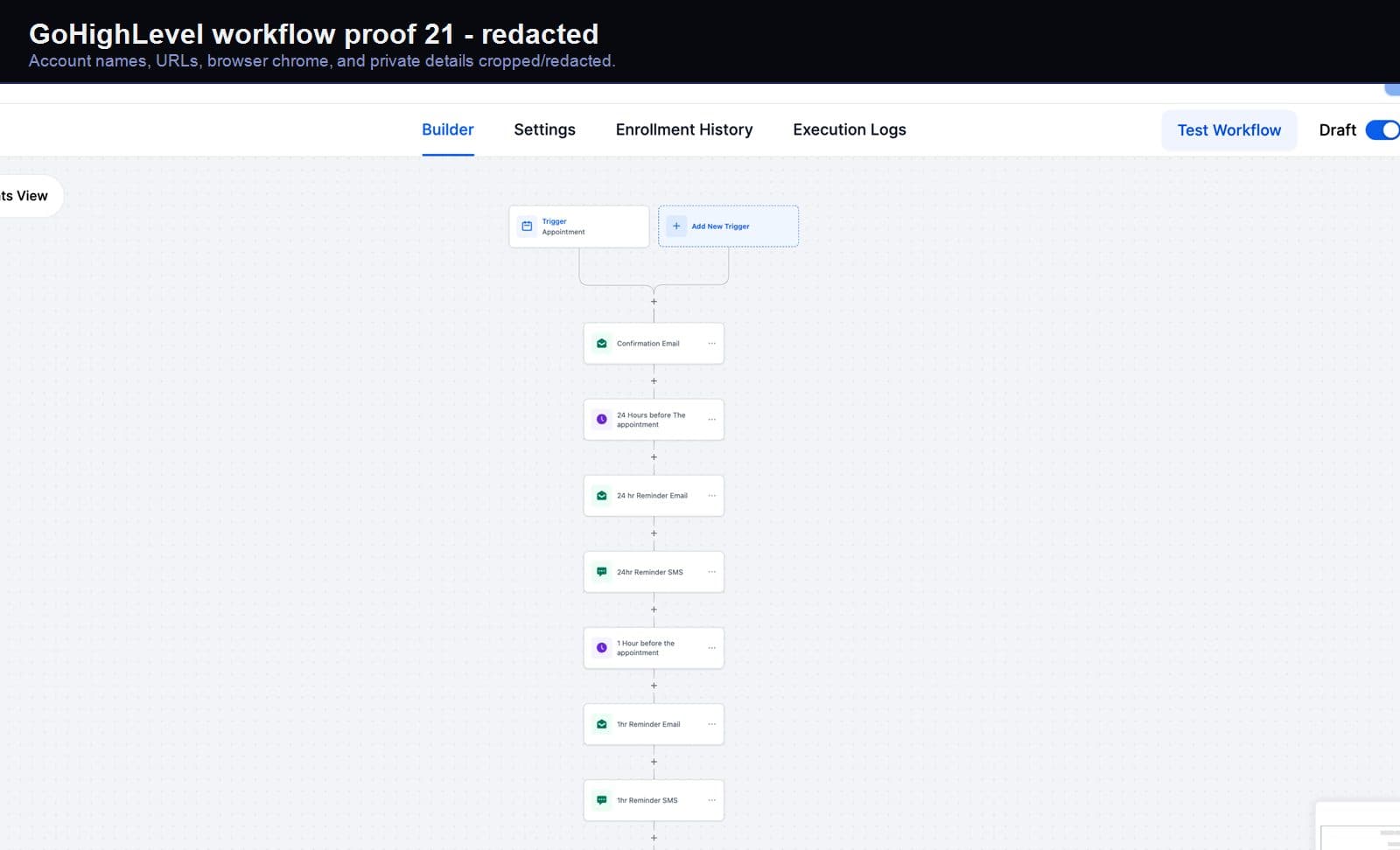 Redacted GoHighLevel lead-capture workflow screenshot 21