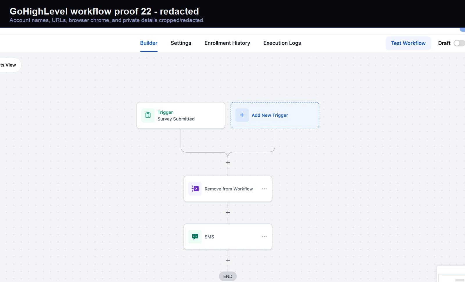 Redacted GoHighLevel lead-capture workflow screenshot 22