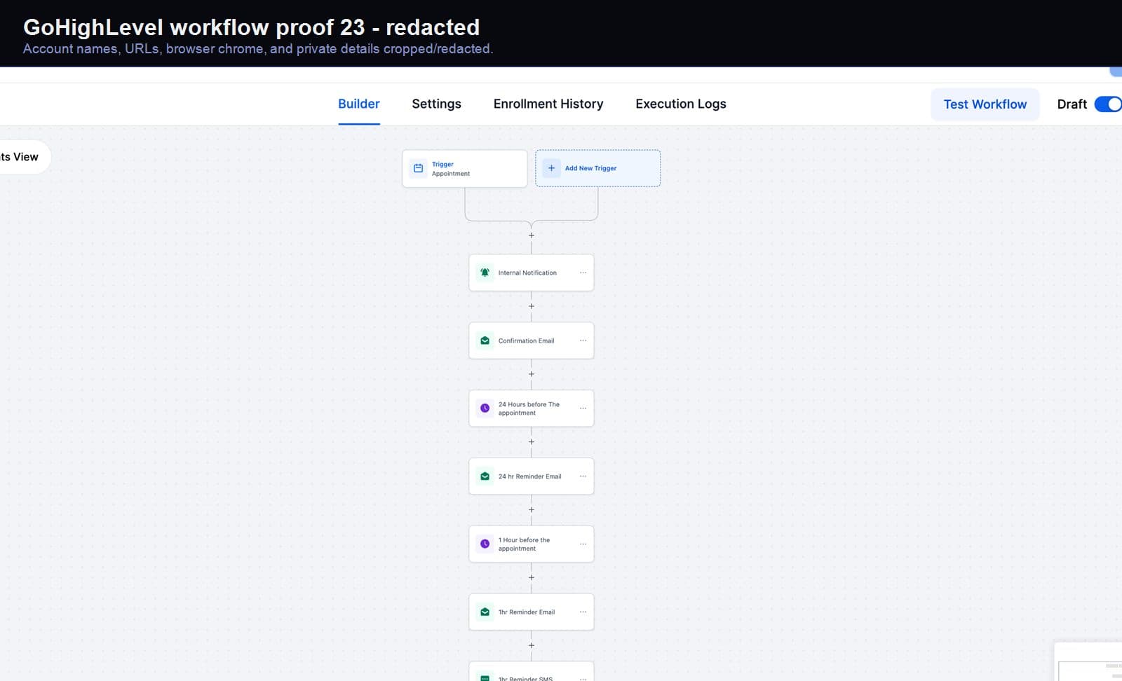 Redacted GoHighLevel appointment automation screenshot 23