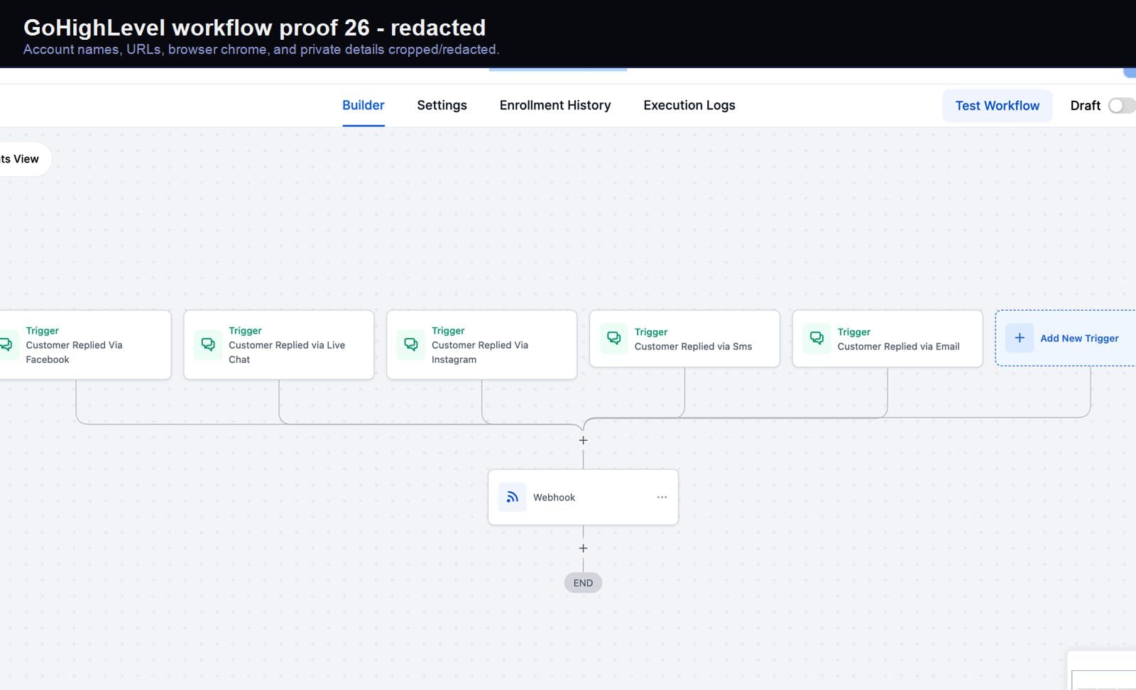 Redacted GoHighLevel workflow automation screenshot 26