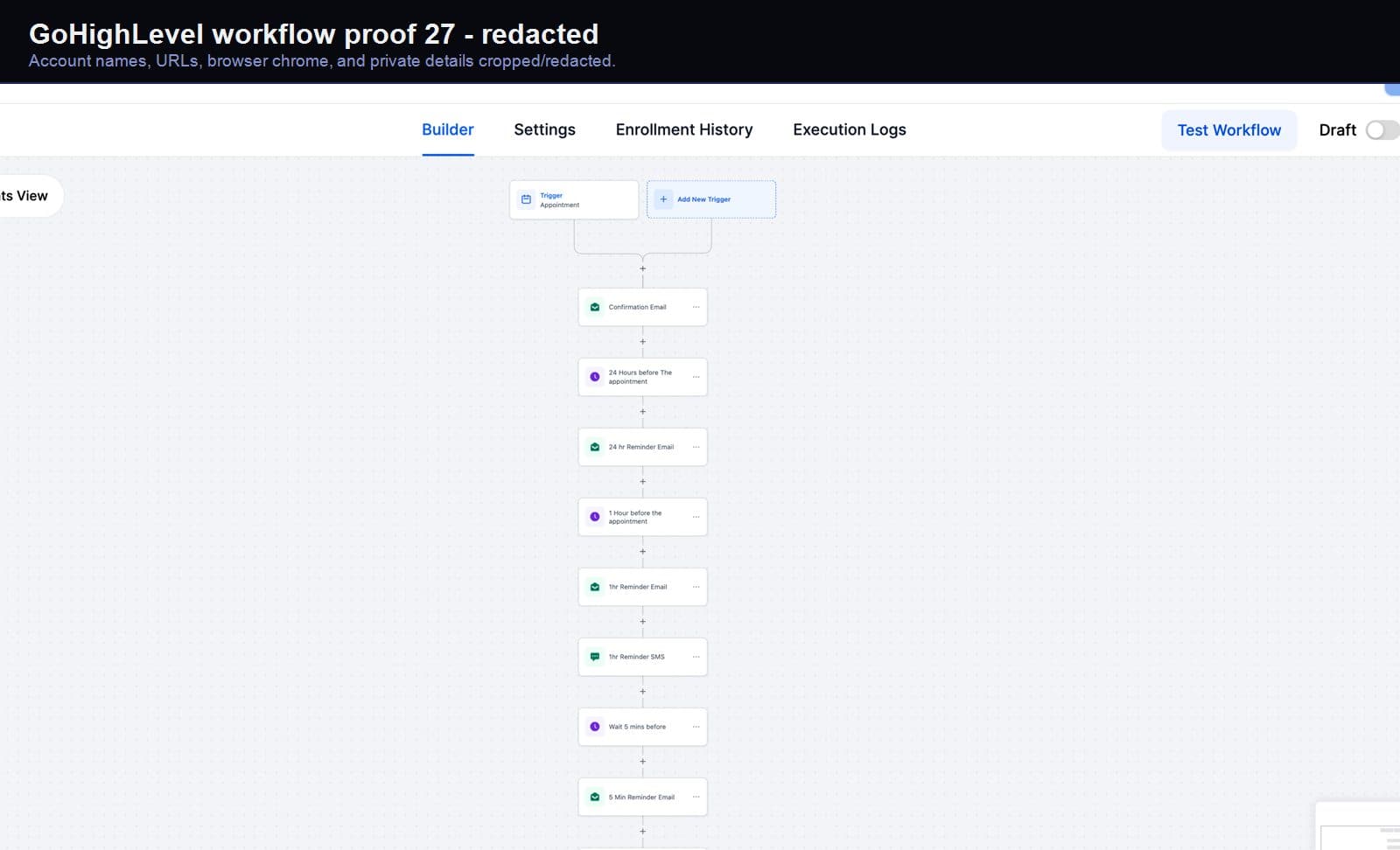 Redacted GoHighLevel workflow automation screenshot 27