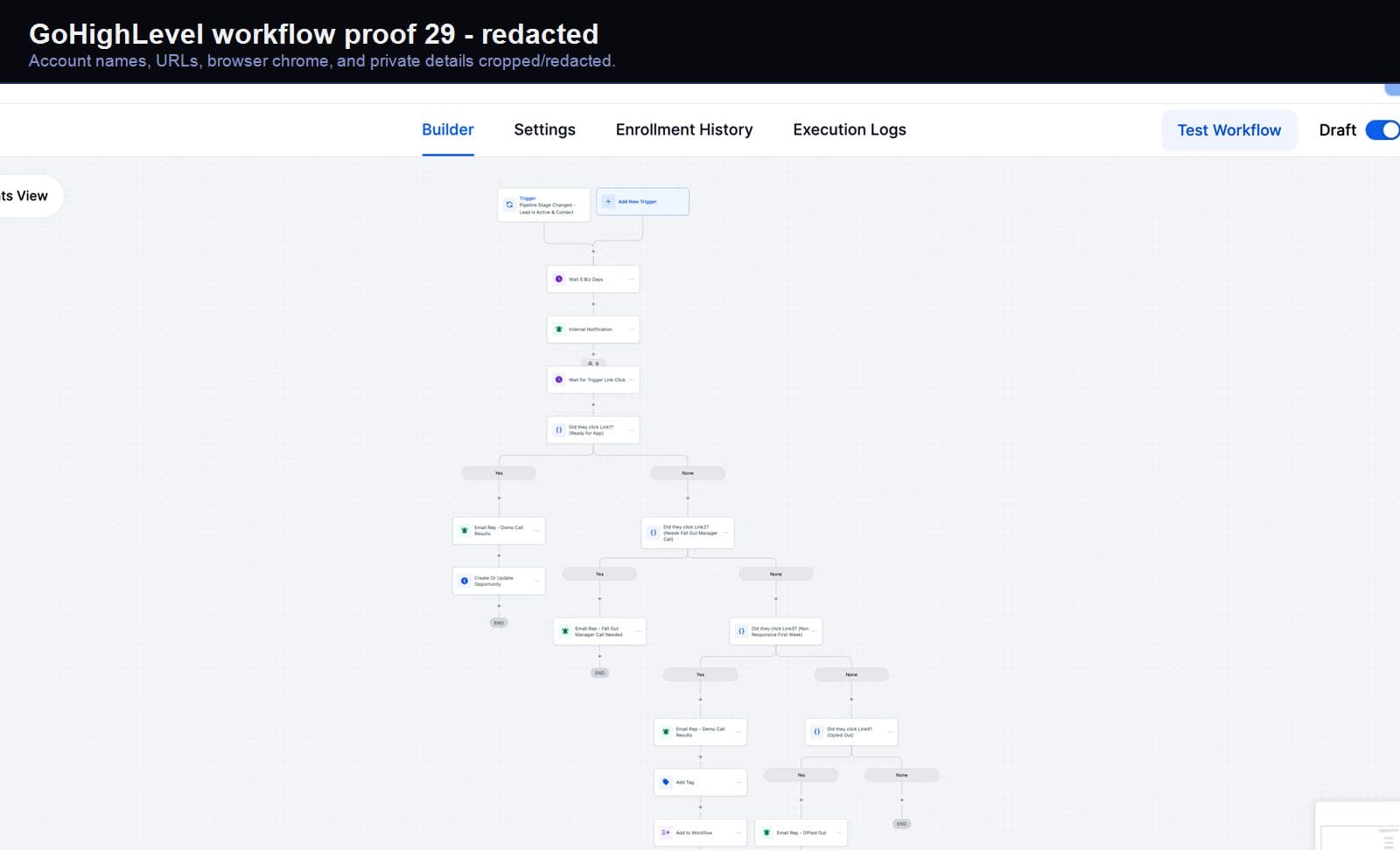 Redacted GoHighLevel follow-up automation screenshot 29