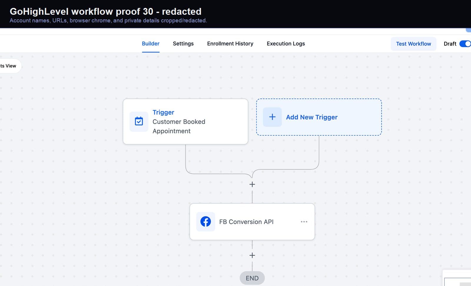 Redacted GoHighLevel workflow automation screenshot 30